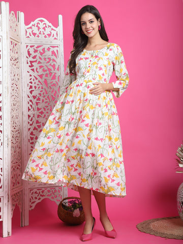 WhiteCotton Floral Printed Maternity Gown with Zipper for Women for Pre & Post Pregnancy & Easy Breastfeeding