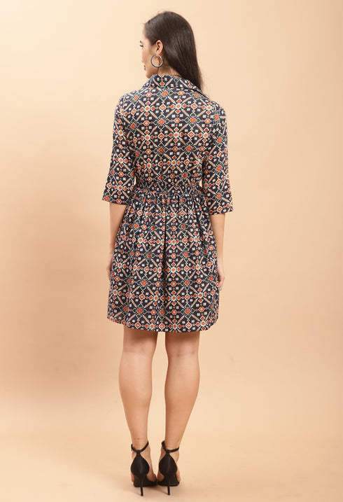 Navy Blue Pure Cambric Cotton Jaipuri Printed Dress