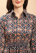 Load image into Gallery viewer, Navy Blue Pure Cambric Cotton Jaipuri Printed Dress
