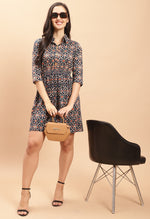 Load image into Gallery viewer, Navy Blue Pure Cambric Cotton Jaipuri Printed Dress
