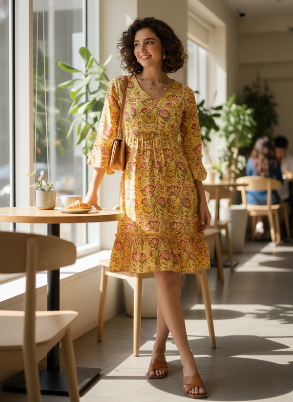Yellow Pure Cambric Cotton Jaipuri Printed Dress