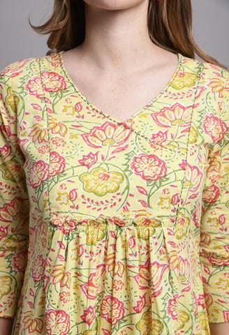 Yellow Pure Cambric Cotton Jaipuri Printed Dress