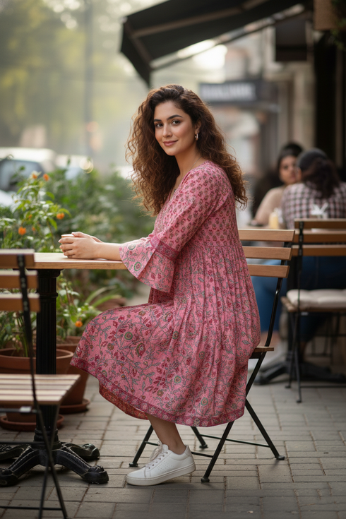 Light Pink Pure Cotton Printed Western Dress