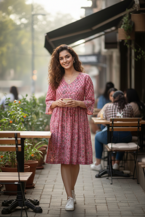 Light Pink Pure Cotton Printed Western Dress