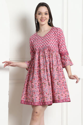 Light Pink Pure Cotton Printed Western Dress