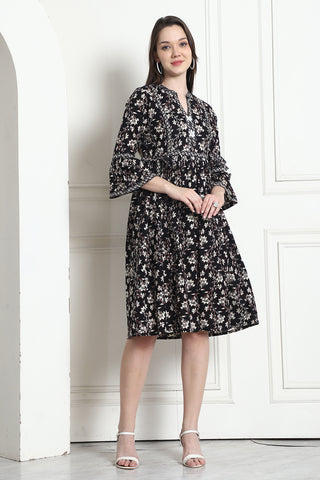 Black & Beige Pure Cotton Floral Printed Western Dress