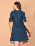 Navy Blue Pure Cotton Floral Paint Western Dress