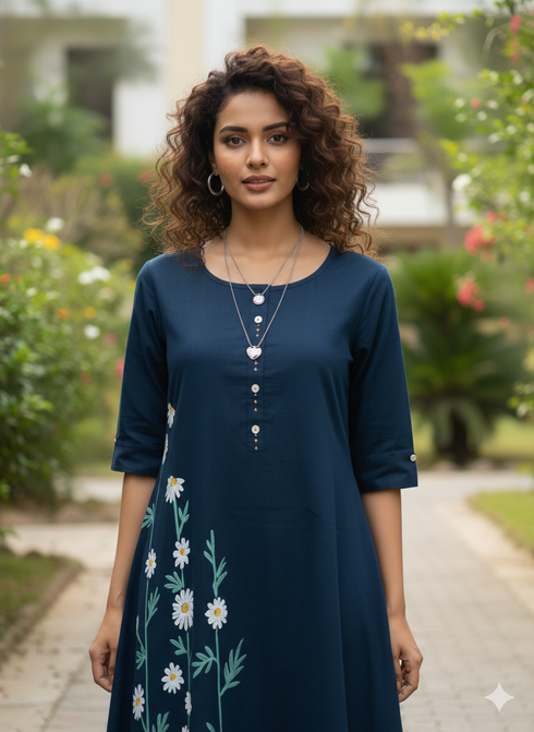 Navy Blue Pure Cotton Floral Paint Western Dress