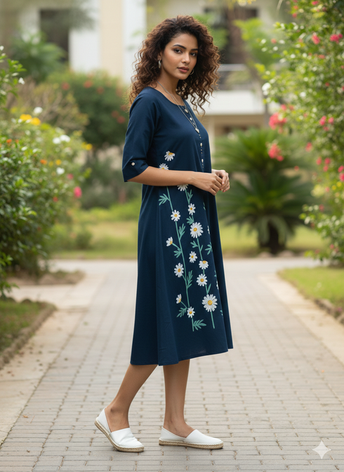 Navy Blue Pure Cotton Floral Paint Western Dress