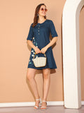 Navy Blue Pure Cotton Floral Paint Western Dress