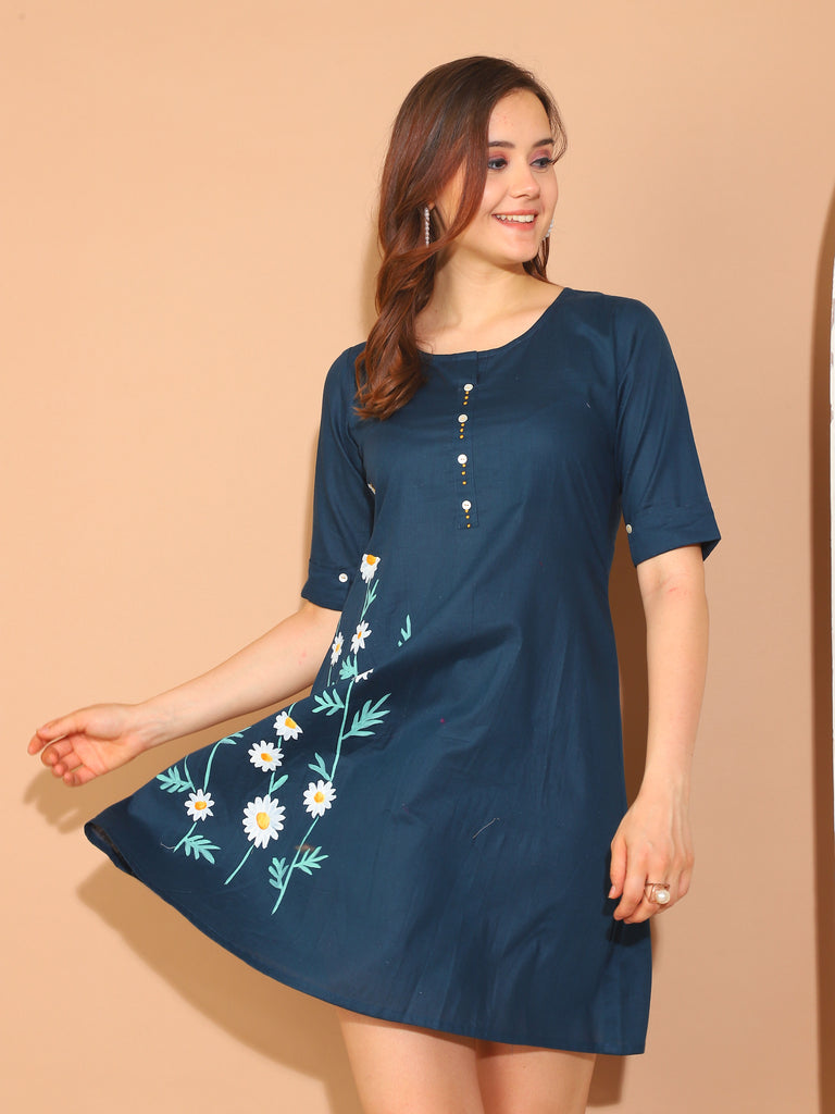 Navy Blue Pure Cotton Floral Paint Western Dress