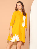 Mustard Yellow Pure Cotton Floral Paint Western Dress