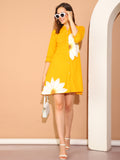 Mustard Yellow Pure Cotton Floral Paint Western Dress