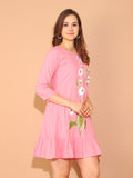 Baby Pink Pure Cotton Floral Paint Western Dress