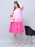 Pink & White Pure Cotton Tie-Dye Shibori Printed Western Dress