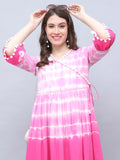 Pink & White Pure Cotton Tie-Dye Shibori Printed Western Dress