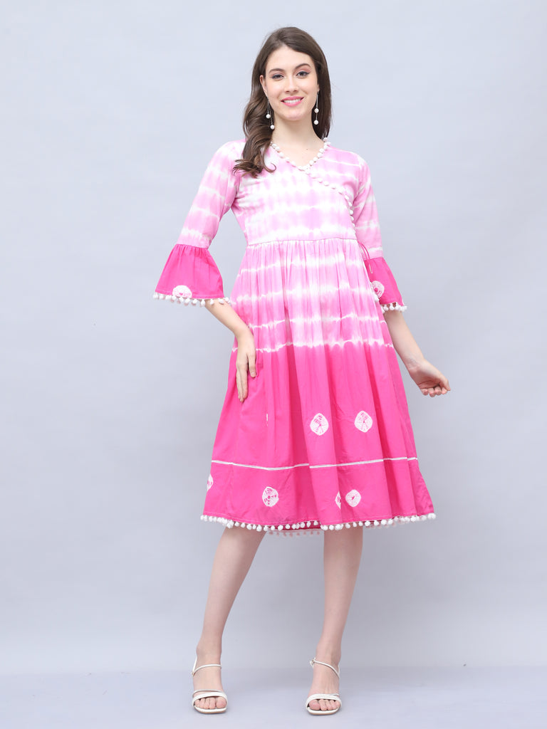 Pink & White Pure Cotton Tie-Dye Shibori Printed Western Dress