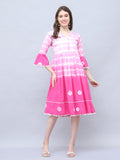 Pink & White Pure Cotton Tie-Dye Shibori Printed Western Dress