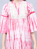 Pink & White Pure Cotton Tie-Dye Shibori Printed Western Dress