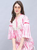 Pink & White Pure Cotton Tie-Dye Shibori Printed Western Dress