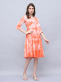 Orange & White Pure Cotton Tie-Dye Shibori Printed Western Dress