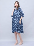 Navy Blue Pure Cotton Floral Printed Western Dress