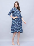 Navy Blue Pure Cotton Floral Printed Western Dress