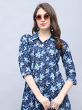 Navy Blue Pure Cotton Floral Printed Western Dress