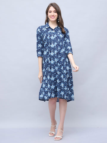 Navy Blue Pure Cotton Floral Printed Western Dress