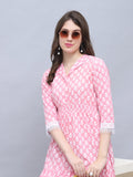 Baby Pink Pure Cotton Floral Block Printed Western Dress