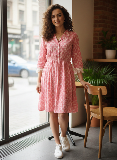 Baby Pink Pure Cotton Floral Block Printed Western Dress