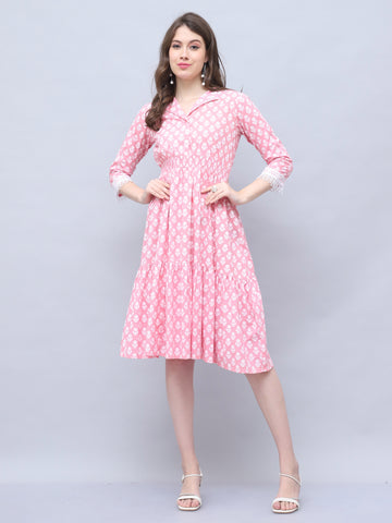 Baby Pink Pure Cotton Floral Block Printed Western Dress