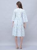 White & Sky Blue Pure Cotton Floral Printed Western Dress