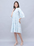 White & Sky Blue Pure Cotton Floral Printed Western Dress