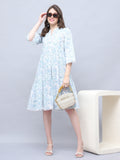 White & Sky Blue Pure Cotton Floral Printed Western Dress