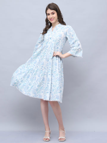 White & Sky Blue Pure Cotton Floral Printed Western Dress