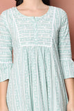 Sea Green & White Women's Pure Cotton Floral Printed Western Dress