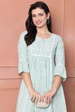 Sea Green & White Women's Pure Cotton Floral Printed Western Dress