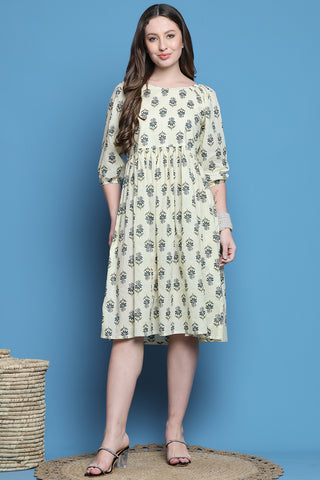 Off White Pure Cotton Jaipuri Printed Western Dress