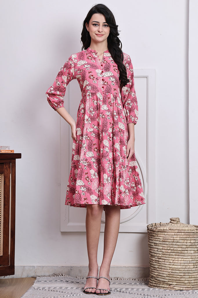 Pink Pure Cotton Jaipuri Printed Western Dress