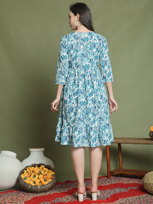 Women's Blue Pure Cotton Jaipuri Printed Western Dress