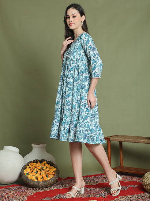 Women's Blue Pure Cotton Jaipuri Printed Western Dress