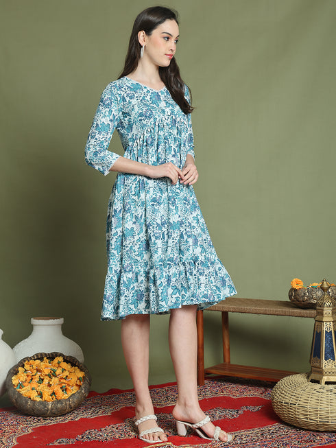 Women's Blue Pure Cotton Jaipuri Printed Western Dress