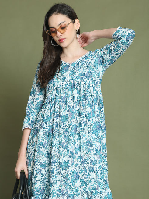 Women's Blue Pure Cotton Jaipuri Printed Western Dress