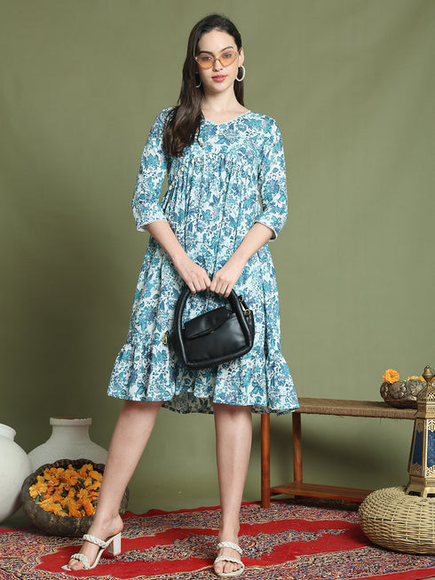 Women's Blue Pure Cotton Jaipuri Printed Western Dress