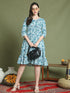 Women's Blue Pure Cotton Jaipuri Printed Western Dress