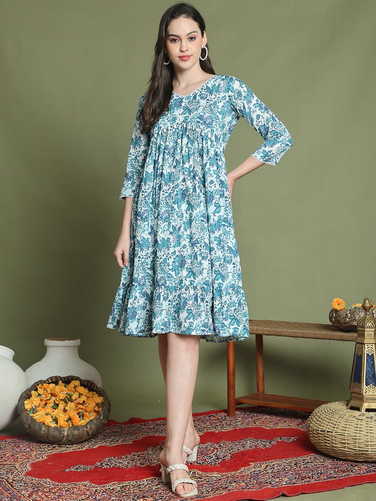 Rajnandini Women's Blue Pure Cotton Jaipuri Printed Western Dress