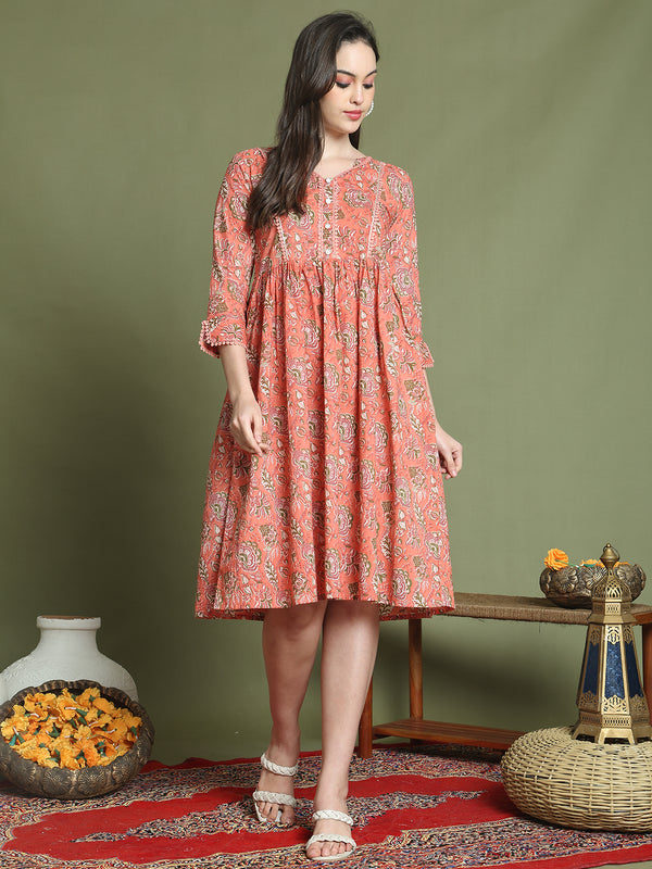 Women's Orange Pure Cotton Jaipuri Printed Western Dress