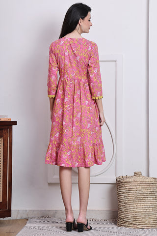 Pink & Yellow Cotton Jaipuri Printed Western Dress