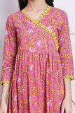 Pink & Yellow Cotton Jaipuri Printed Western Dress